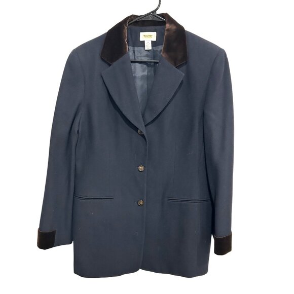 Talbots Womens Navy Blazer With Brown Velvet Collar Cuffs Worsted Wool Size 12 - Picture 1 of 9